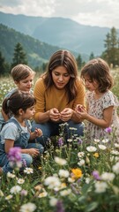 A woman and three children are sitting in a field of flowers with mountains in the background outdoors