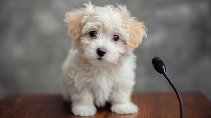 Adorable maltipoo puppy dog speaking at a conference with microphone pet photography and animal speaker