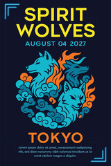 Spirit wolves neon poster illustration with glowing wolves and fire smoke design for music festival or concert event in Tokyo
