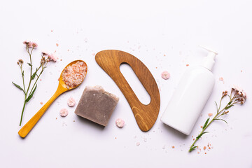 Bright composition with set of natural eco spa and wellness products such as handmade soap,...