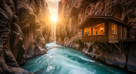 Remote Canyon Retreat Wooden Cabin Nestled Beside Turquoise River At Sunset