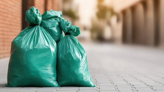Three green garbage bags are stacked on a cobbled urban sidewalk, showcasing a scene of daily life and the importance of waste management in our environments.