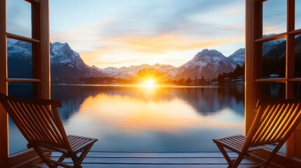 A serene view of a sunset over a tranquil lake framed by two chairs, capturing the essence of peacefulness and natural beauty, ideal for relaxation and contemplation.
