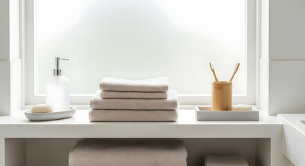 Elegant Bathroom Essentials Displayed Near Window For Spa Like Home Interior