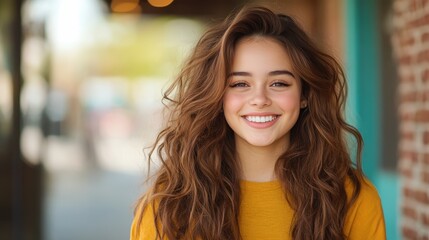 A joyful young woman with long, curly hair smiles brightly in an urban setting, capturing the essence of youth and carefree spirit during a sunny day.