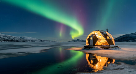 Aurora Borealis Shines Above Cozy Igloo Cabin on Frozen Lake