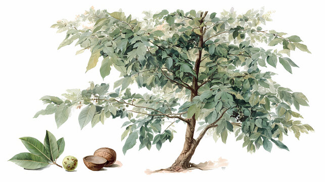 Watercolor Illustration of Tamala Tree (Indian Bay Leaf) with Aromatic Leaves on White Background