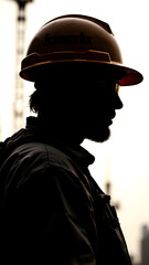 Obraz premium Silhouette of a Construction Worker: A dramatic silhouette of a construction worker against a bright background, wearing a hard hat, represents labor, industry, and the building trades.