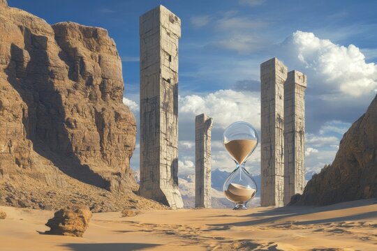 Futuristic desert landscape featuring towering stone pillars and a giant hourglass marking the passage of time, Futuristic desert landscape with an hourglass and towering structures - Powered by Adobe