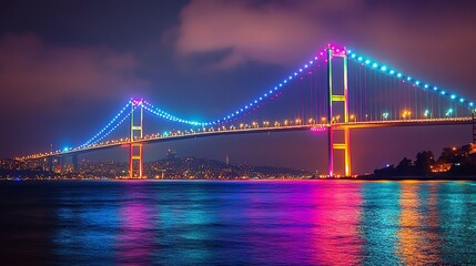 Obraz premium Colorful Illuminated Bridge at Night Over Water