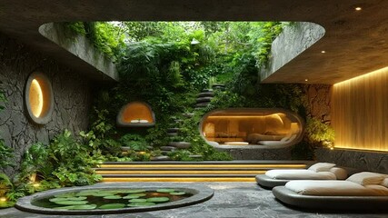 Lush indoor garden sanctuary with tranquil seating & pond