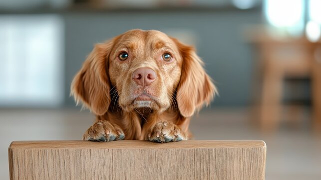 A lovely brown dog looks longingly over a wooden surface, showcasing its expressive eyes and puppy-like innocence in a cozy, modern home setting, evoking feelings of affection.