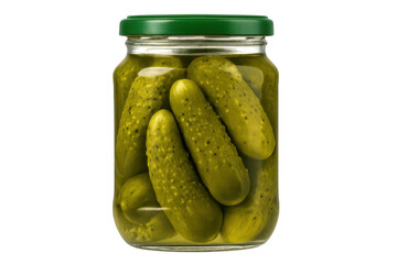 Glass jar filled with pickled gherkins, preserving crisp cucumbers in salty brine against clean transparent backdrop
