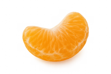 Peeled mandarin orange segment displaying bright orange hue, delicate membrane, and juicy pulp with clean transparent backdrop