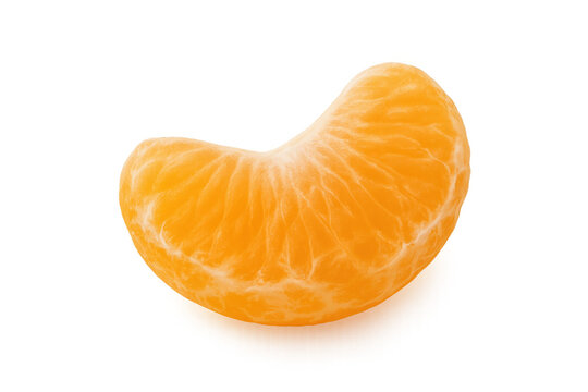 Peeled mandarin orange segment displaying bright orange hue, delicate membrane, and juicy pulp with clean transparent backdrop