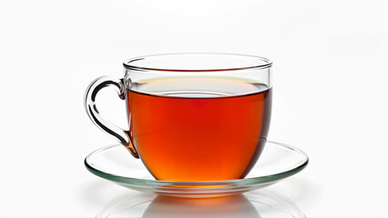 A transparent glass cup with brewed tea sits on a matching saucer, isolated on a white background. The image is suitable for illustrating beverage, refreshment, or tea-related concepts.