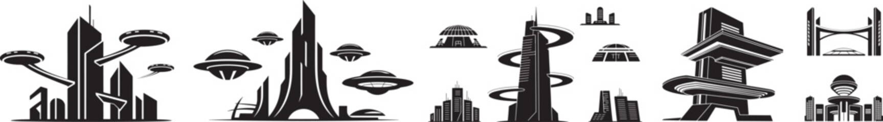 Futuristic Buildings Silhouette Icon Set