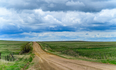 Straight dirt road stretching into the distance in spring in Nebraska, USA