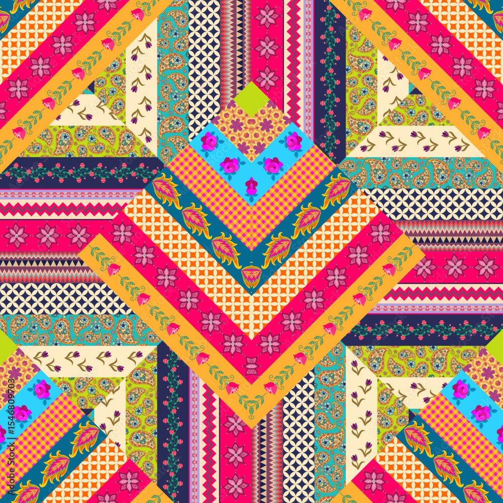 Wall mural seamless zigzag patchwork pattern of multicolored stripes with floral and abstract ornament. beautif
