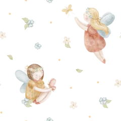 Watercolor pattern flower fairies girls fly butterflies. Illustration is hand drawn. Seamless print children on transparent background for fabric, baby clothes, textile, wallpaper © Anastasia Brekhova