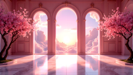 Obraz premium Dreamy Architectural Vista: An enchanting architectural structure frames a serene sunrise amidst blossoming cherry trees.