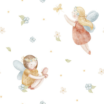 Watercolor pattern flower fairies girls fly butterflies. Illustration is hand drawn. Seamless print children on transparent background for fabric, baby clothes, textile, wallpaper
