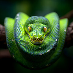 Fototapeta premium A striking green tree python, coiled and poised, radiates tranquility and hidden strength.