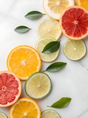 white background with sliced citrus fruits on left and right sides, bright top light, photorealistic, fresh style