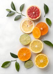 white background with sliced citrus fruits on left and right sides, bright top light, photorealistic, fresh style