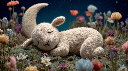Sleepy lamb toy sleeping in a flower garden with moon backdrop for nursery decor and baby room art