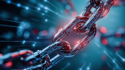 This image features a close-up of a futuristic metallic chain, representing strength and connectivity in a digital world with luminous effects enhancing its allure.