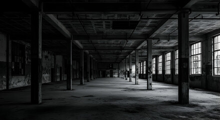 Fototapeta premium Abandoned Industrial Warehouse With Rows Of Columns And Natural Light