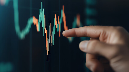 Analyzing Stock Trends: Finger on the Pulse. Green and orange lines paint a financial story. Data-driven decisions in a volatile market.