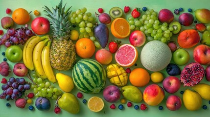 Vibrant Assortment of Fresh Fruits Including Pineapple, Melons, Citrus, Bananas, Grapes, and Berries