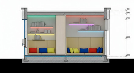 Reading Nook Design Illustrating Cozy Interior with Bookshelves and Ambient Lighting