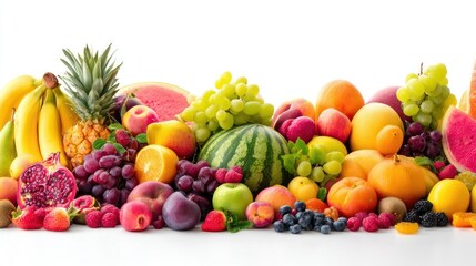 A Vibrant and Colorful Display of Fresh Fruits Including Watermelon, Pineapple, and Grapes on a White Background