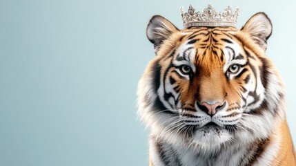Fototapeta premium A striking portrait of a powerful tiger adorned with a sparkling crown, exuding majesty and strength, poised against a smooth pastel background, symbolizing royalty in nature.