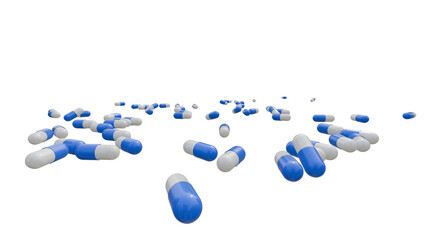 Many capsule pills falling down on green background. 3D medicine pills background. White pills falling down