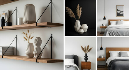 Modern Home Decor Featuring Minimalist Shelves, Vases, and Bedroom Interior