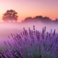 Early morning fog rolls across a blooming lavender field under a sky tinted with soft pink and orange hues. A scene of serene beauty and tranquility.