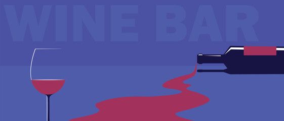 A bottle lies with wine flowing out of it, a glass, a horizontal poster, suitable for a wine bar, a wine list and kitchen design. Vector illustration of alcohol, red wine chardonnay, merlot, flat styl