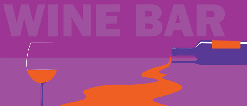 Flat illustration of a bottle of wine, a glass, poured wine, minimalistic design. Suitable for a restaurant banner, wine list, sommelier, bar poster, cabernet, martini