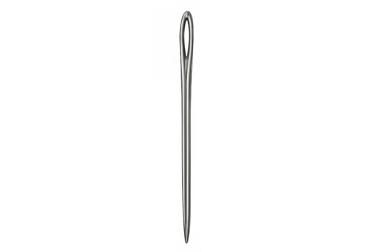 Metallic sewing needle gleaming, poised for precise textile work against translucent backdrop