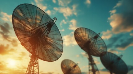 A stunning silhouette of satellite dishes against a vibrant sunset sky, showcasing technology's harmony with nature, portraying the connection between communication and the environment.