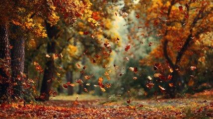 Colorful Autumn Leaves Falling in a Peaceful Forest Scene, Natural Seasonal Beauty, Concept of Nature Photography and Outdoor Travel