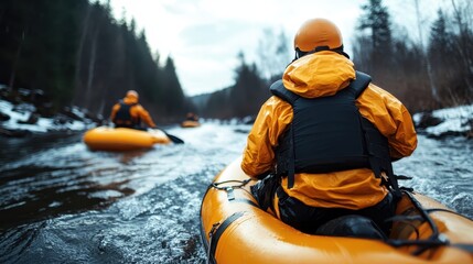 A thrilling scene of kayakers navigating a calm river surrounded by trees, perfectly capturing the spirit of adventure and connection to nature in an outdoor exploration.