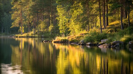 Golden sunlight dances on a tranquil forest lake, mirroring nature's quiet beauty
