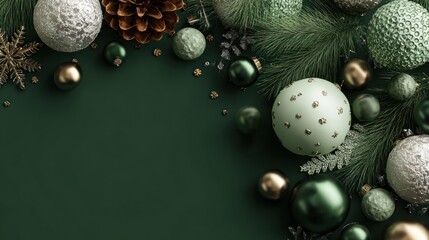 Elegant Christmas Green Background Adorned with Ornaments and Pine Accents