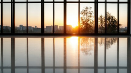 Fototapeta premium A breathtaking sunset illuminates a modern building through large glass windows, reflecting vibrant colors and creating a serene, tranquil atmosphere perfect for relaxation.