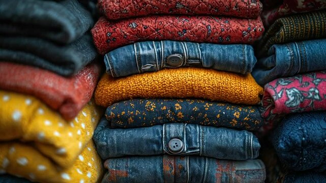 Neatly stacked sweaters, jeans, and patterned clothing in warm autumnal colors